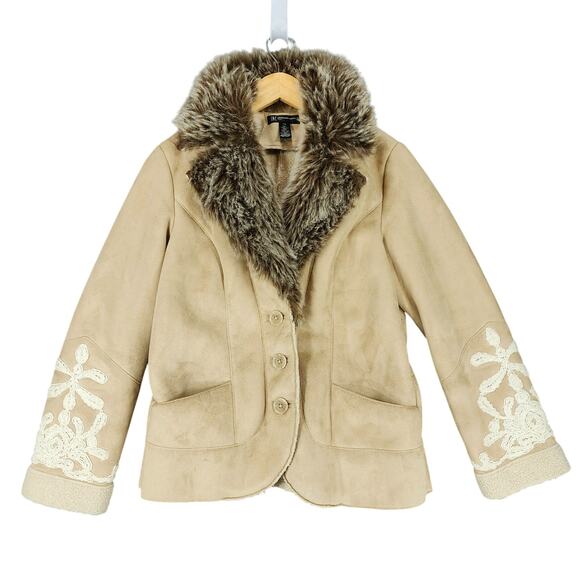 Inc International Concepts PM Faux Fur Jacket Womens Camel Lavish WC Embroidered - Picture 1 of 14